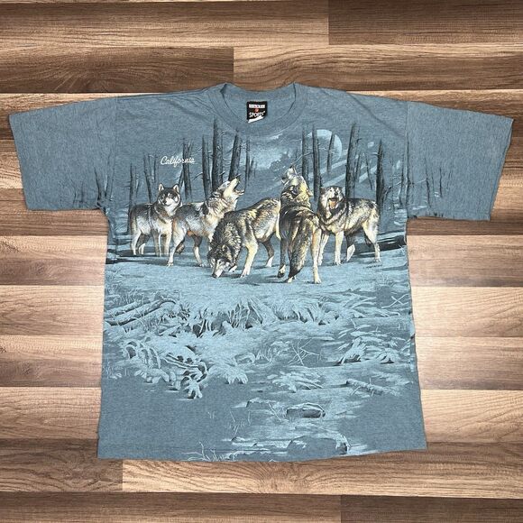 VTG California Wolves AOP Single Stitch Nature Forest Signal Sports Shirt Sz XL - Picture 1 of 10